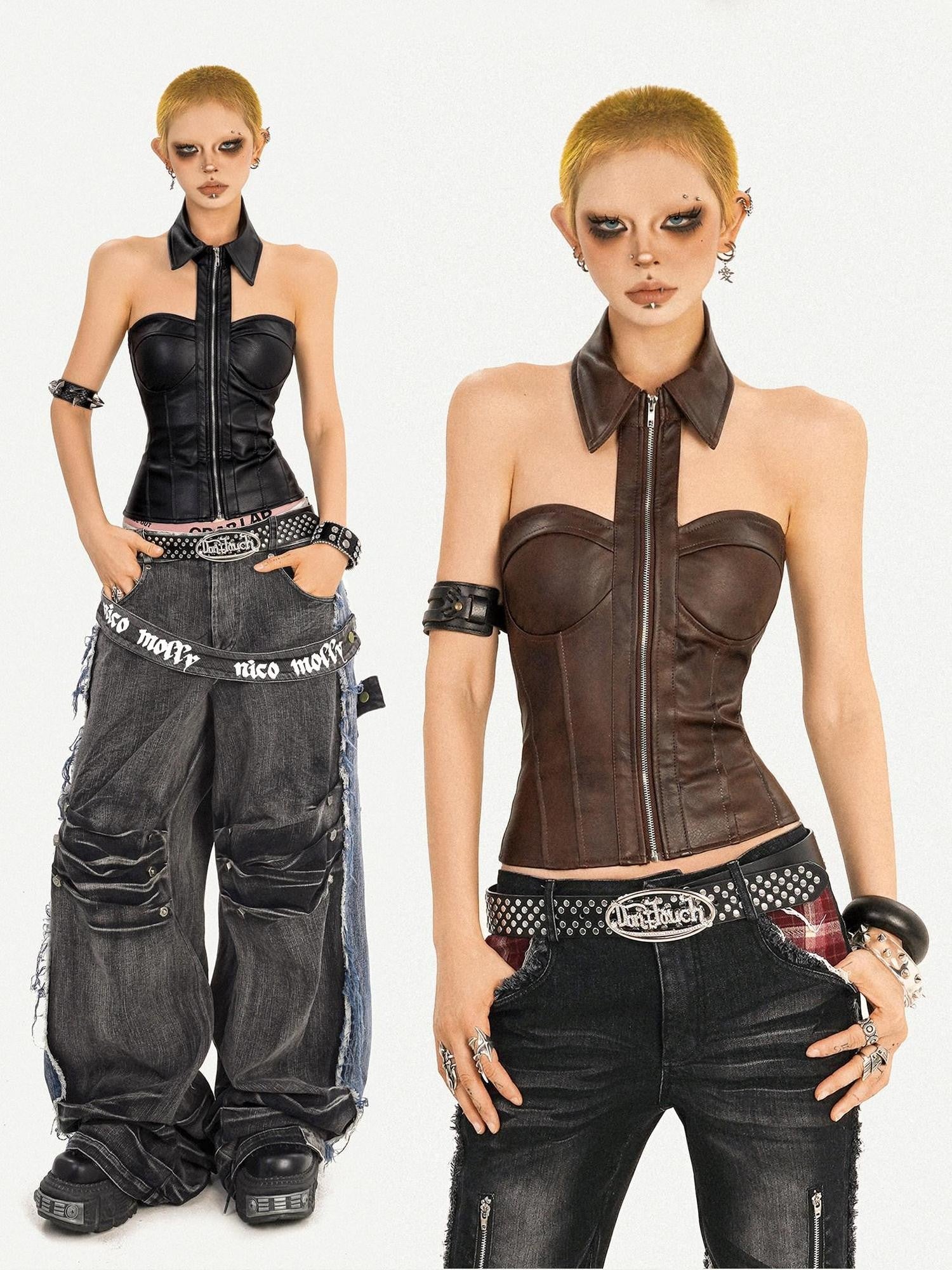 Nico Molly Sexy Metallic Pu Halter Zipper Cropped Fitted Women's Tank Tops