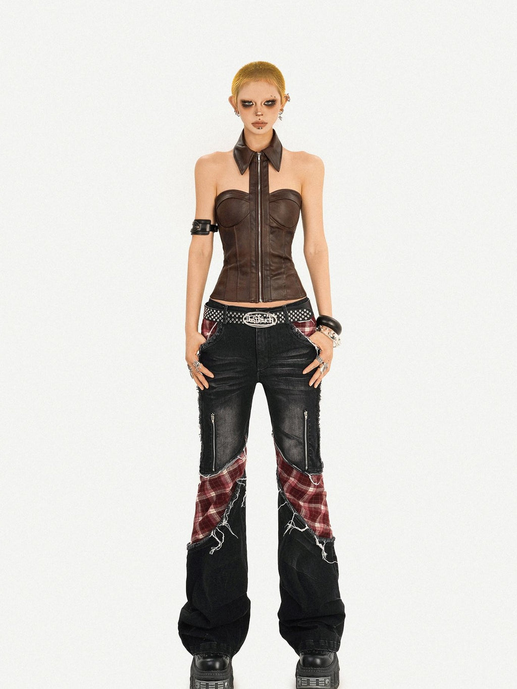 Nico Molly Sexy Metallic Pu Halter Zipper Cropped Fitted Women's Tank Tops