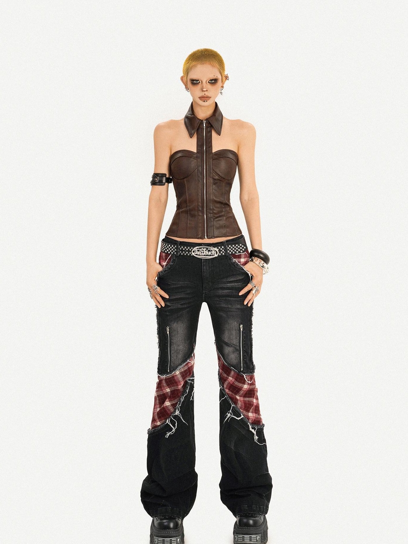 Nico Molly Sexy Metallic Pu Halter Zipper Cropped Fitted Women's Tank Tops