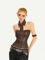 Nico Molly Sexy Metallic Pu Halter Zipper Cropped Fitted Women's Tank Tops