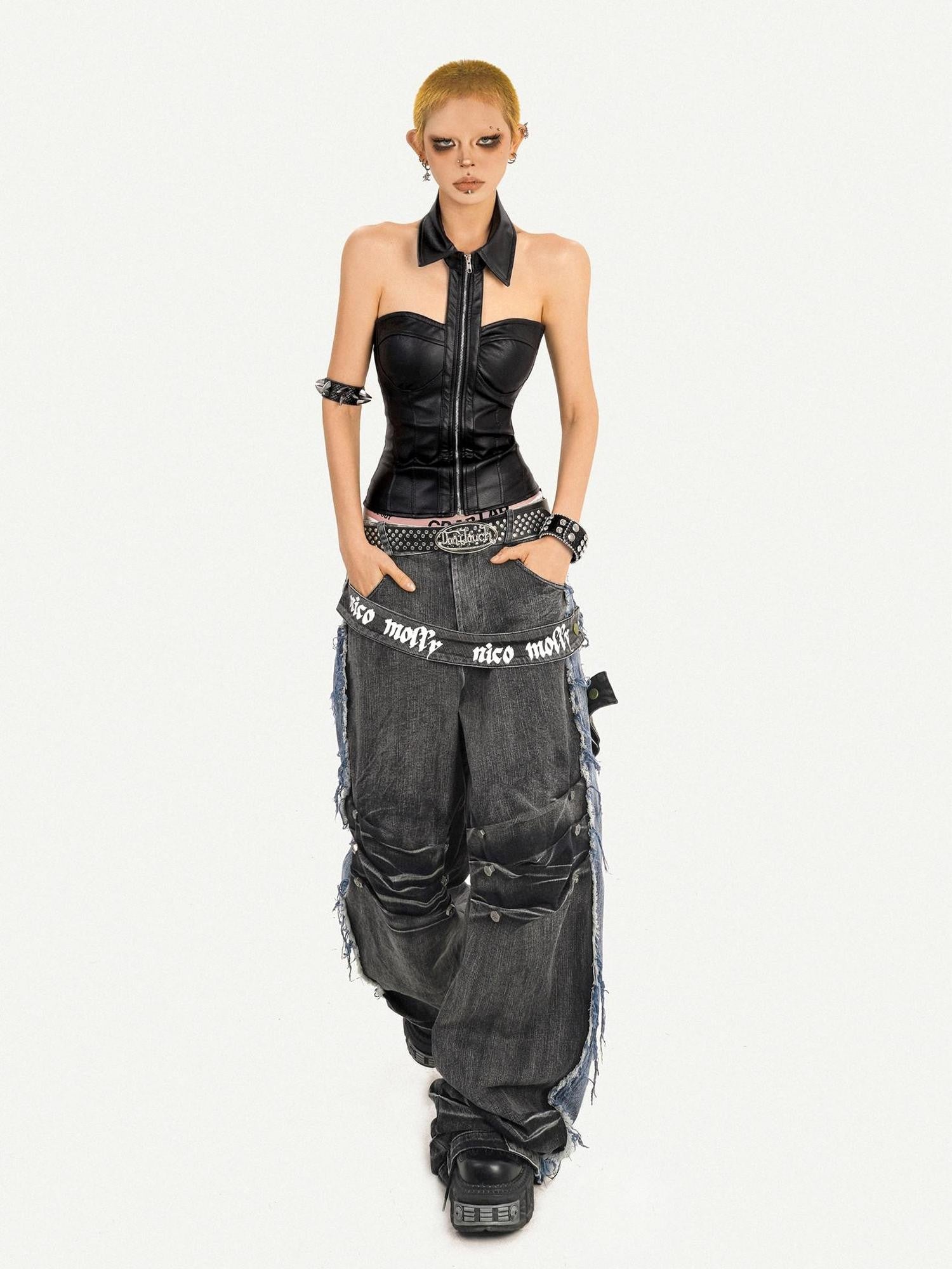 Nico Molly Sexy Metallic Pu Halter Zipper Cropped Fitted Women's Tank Tops