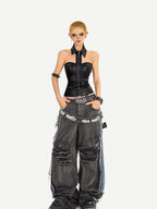 Nico Molly Sexy Metallic Pu Halter Zipper Cropped Fitted Women's Tank Tops
