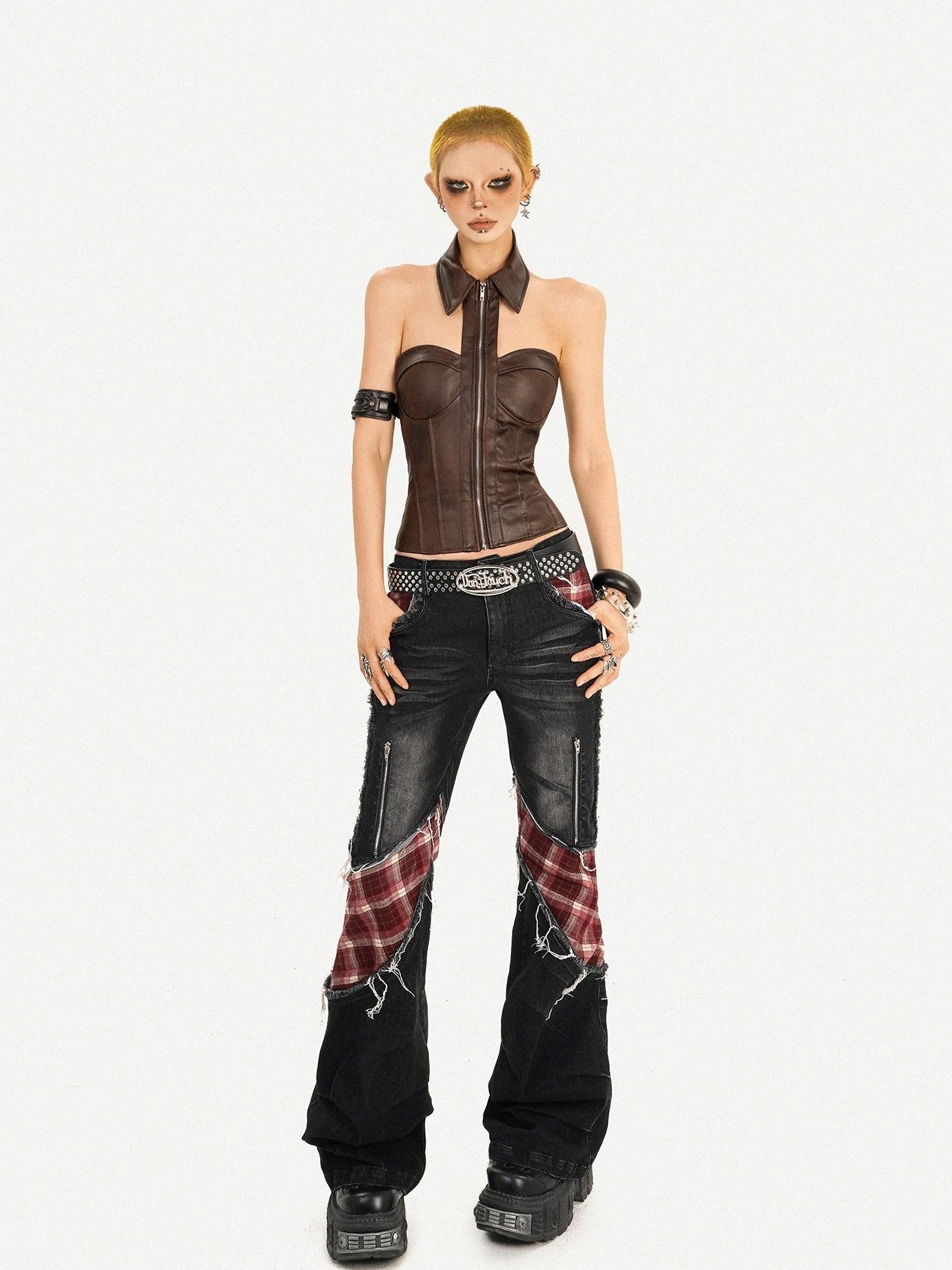 Nico Molly Sexy Metallic Pu Halter Zipper Cropped Fitted Women's Tank Tops