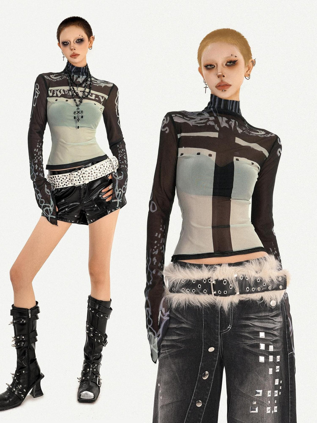 Nico Molly Sheer Mesh Printed Slim High Neck Women's Lightweight Long Sleeve T-shirts