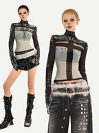 Nico Molly Sheer Mesh Printed Slim High Neck Women's Lightweight Long Sleeve T-shirts