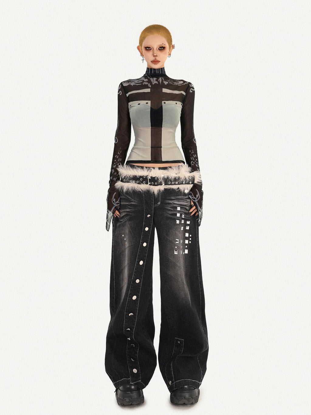 Nico Molly Sheer Mesh Printed Slim High Neck Women's Lightweight Long Sleeve T-shirts