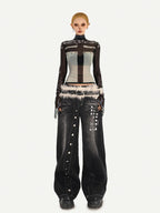 Nico Molly Sheer Mesh Printed Slim High Neck Women's Lightweight Long Sleeve T-shirts