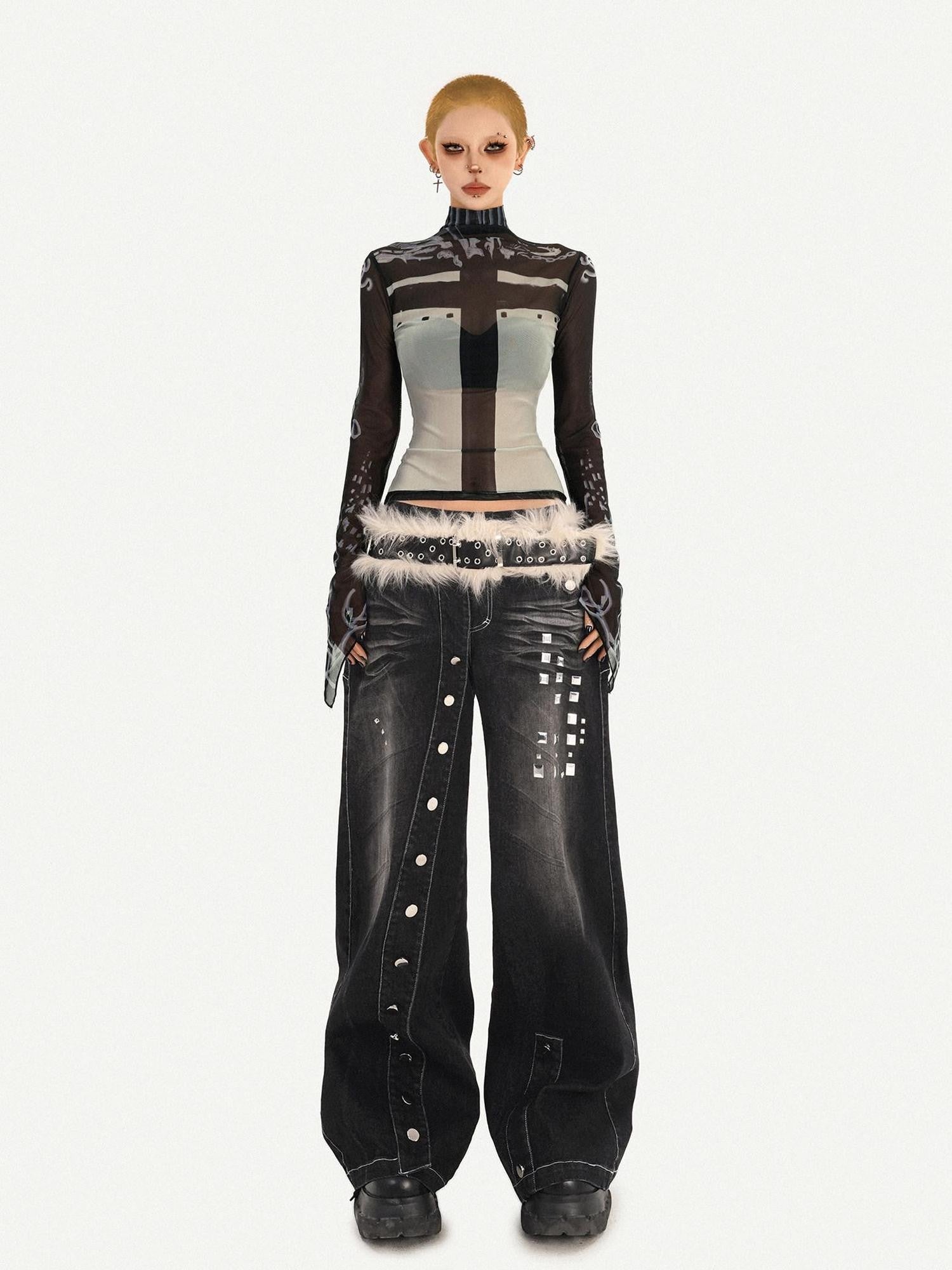 Nico Molly Sheer Mesh Printed Slim High Neck Women's Lightweight Long Sleeve T-shirts