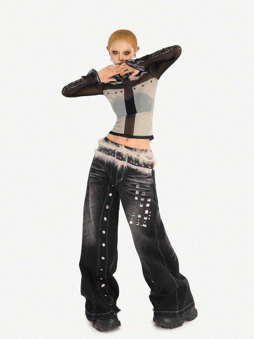 Nico Molly Sheer Mesh Printed Slim High Neck Women's Lightweight Long Sleeve T-shirts