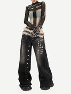 Nico Molly Sheer Mesh Printed Slim High Neck Women's Lightweight Long Sleeve T-shirts