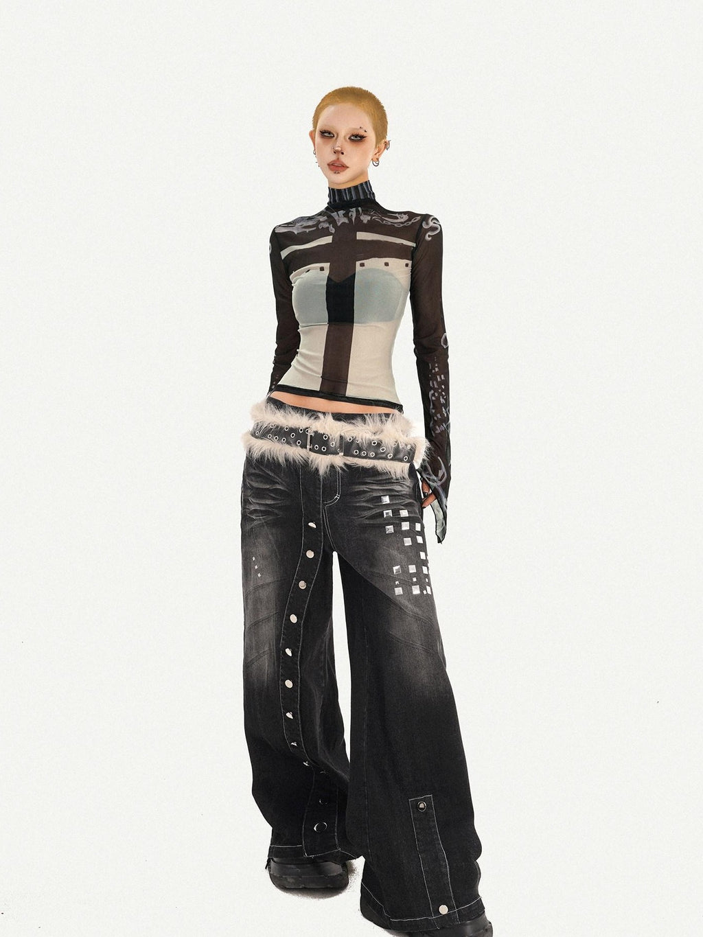 Nico Molly Sheer Mesh Printed Slim High Neck Women's Lightweight Long Sleeve T-shirts