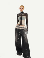 Nico Molly Sheer Mesh Printed Slim High Neck Women's Lightweight Long Sleeve T-shirts