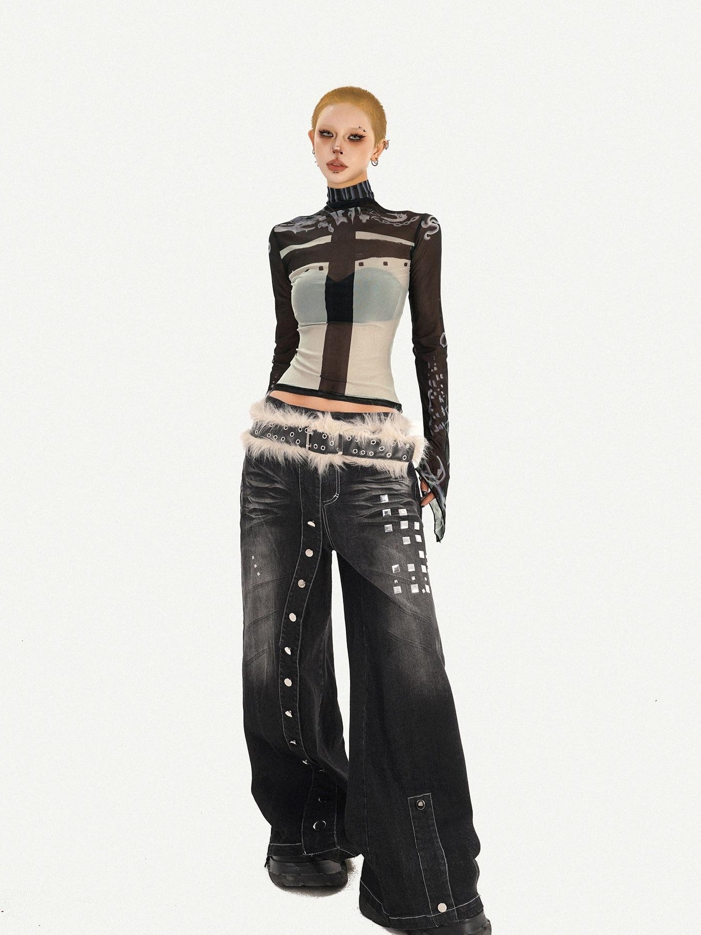 Nico Molly Sheer Mesh Printed Slim High Neck Women's Lightweight Long Sleeve T-shirts