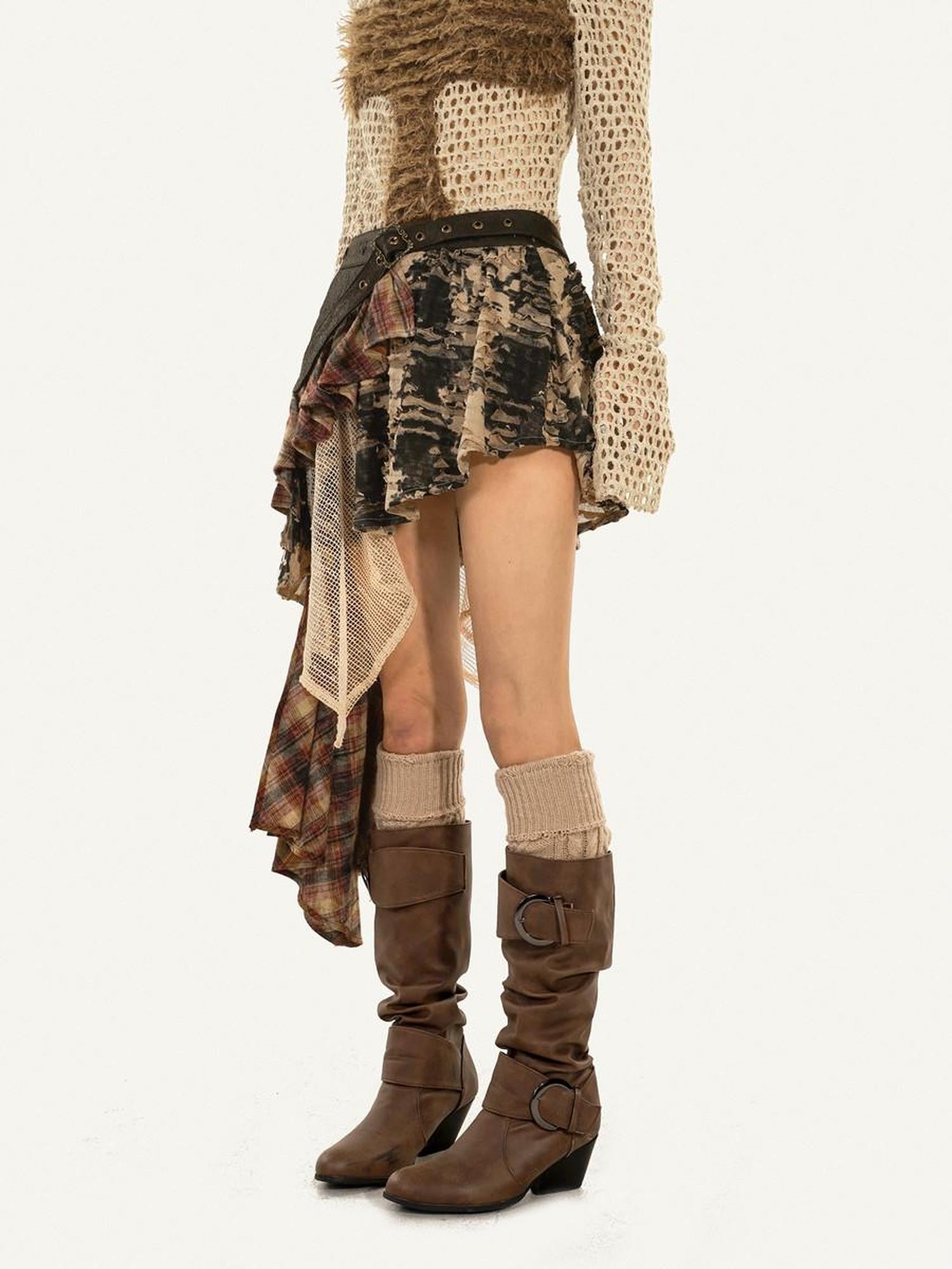 Nico Molly Shibuya Wasteland Asymmetric Skirt Women's Mesh Top & Pants Sets