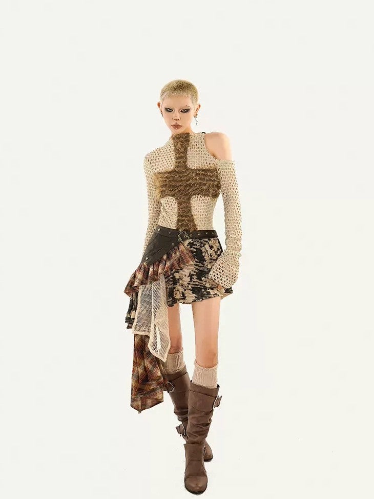 Nico Molly Shibuya Wasteland Asymmetric Skirt Women's Mesh Top & Pants Sets