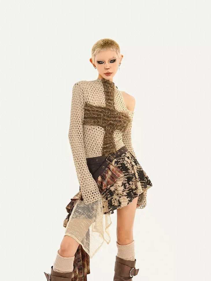 Nico Molly Shibuya Wasteland Asymmetric Skirt Women's Mesh Top & Pants Sets