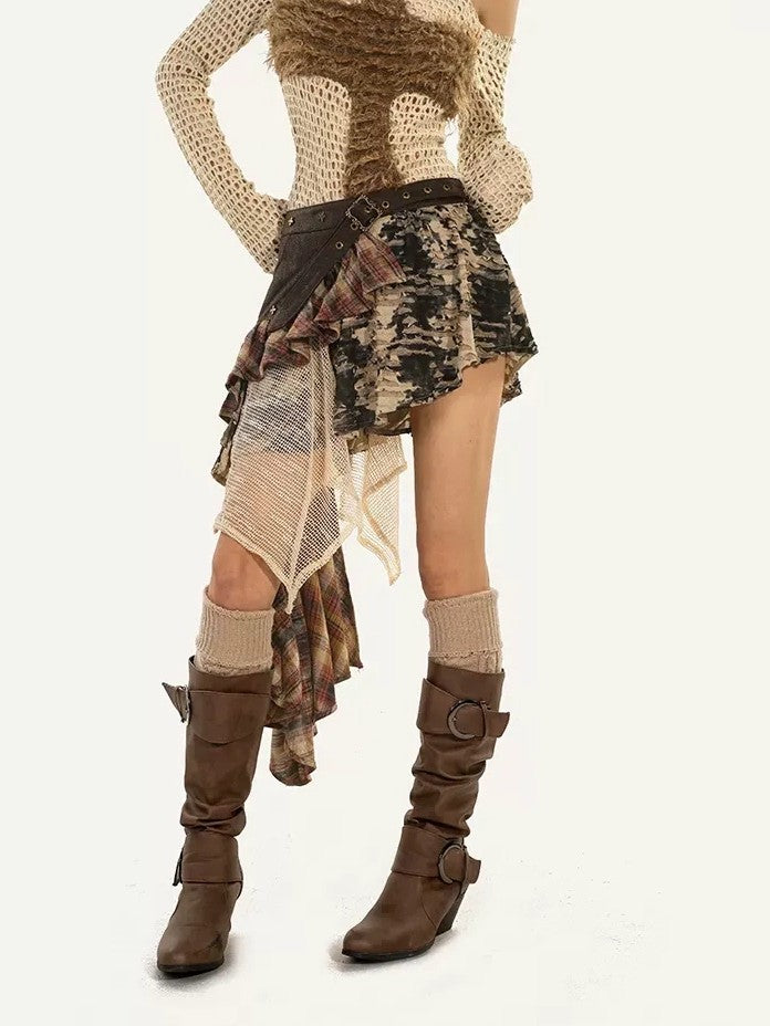 Nico Molly Shibuya Wasteland Asymmetric Skirt Women's Mesh Top & Pants Sets
