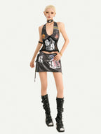 Nico Molly Silver Gray Punk Biker Halter Text Print Women's Leather Top & Skirt Sets