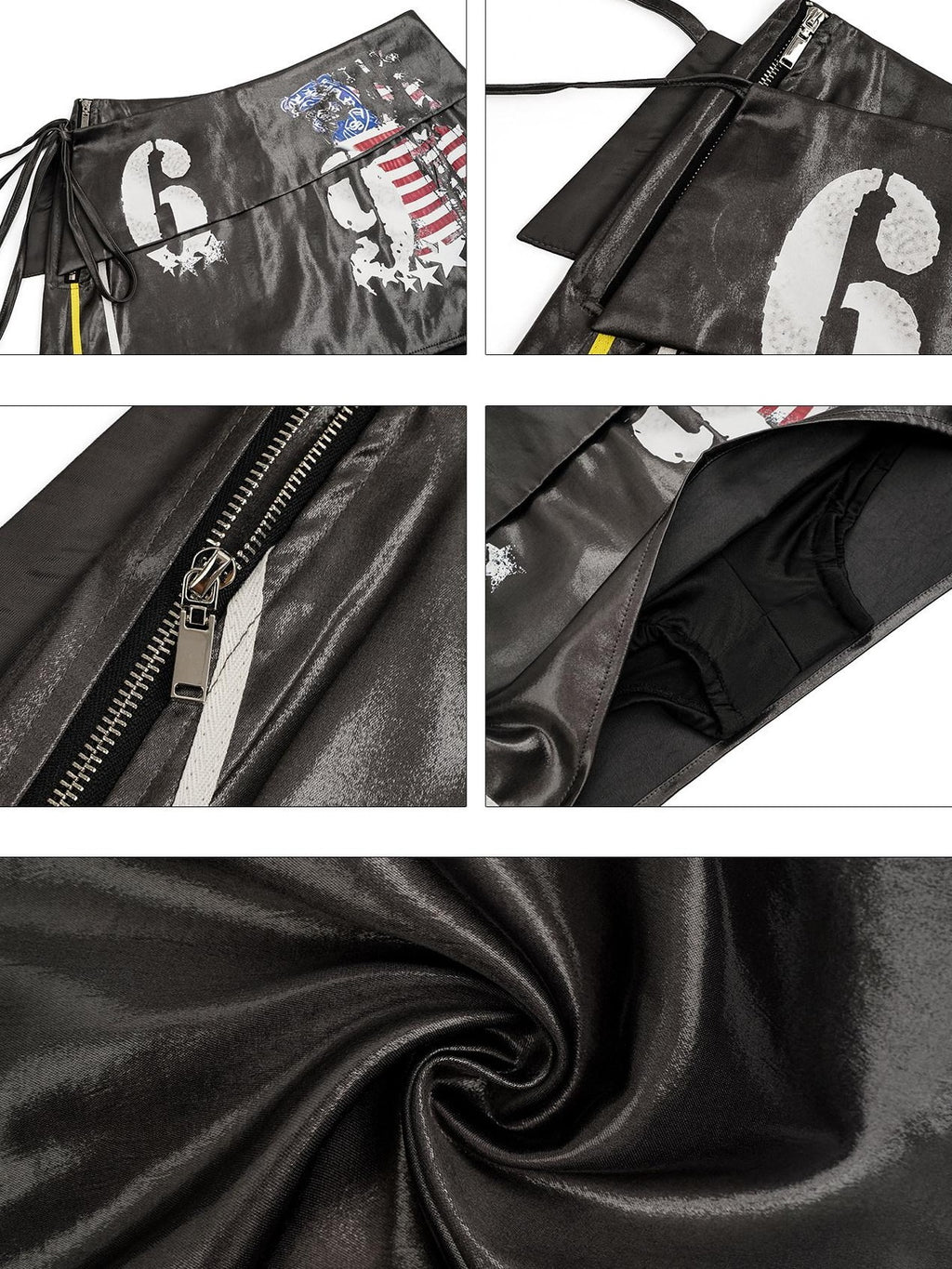 Nico Molly Silver Gray Punk Biker Halter Text Print Women's Leather Top & Skirt Sets