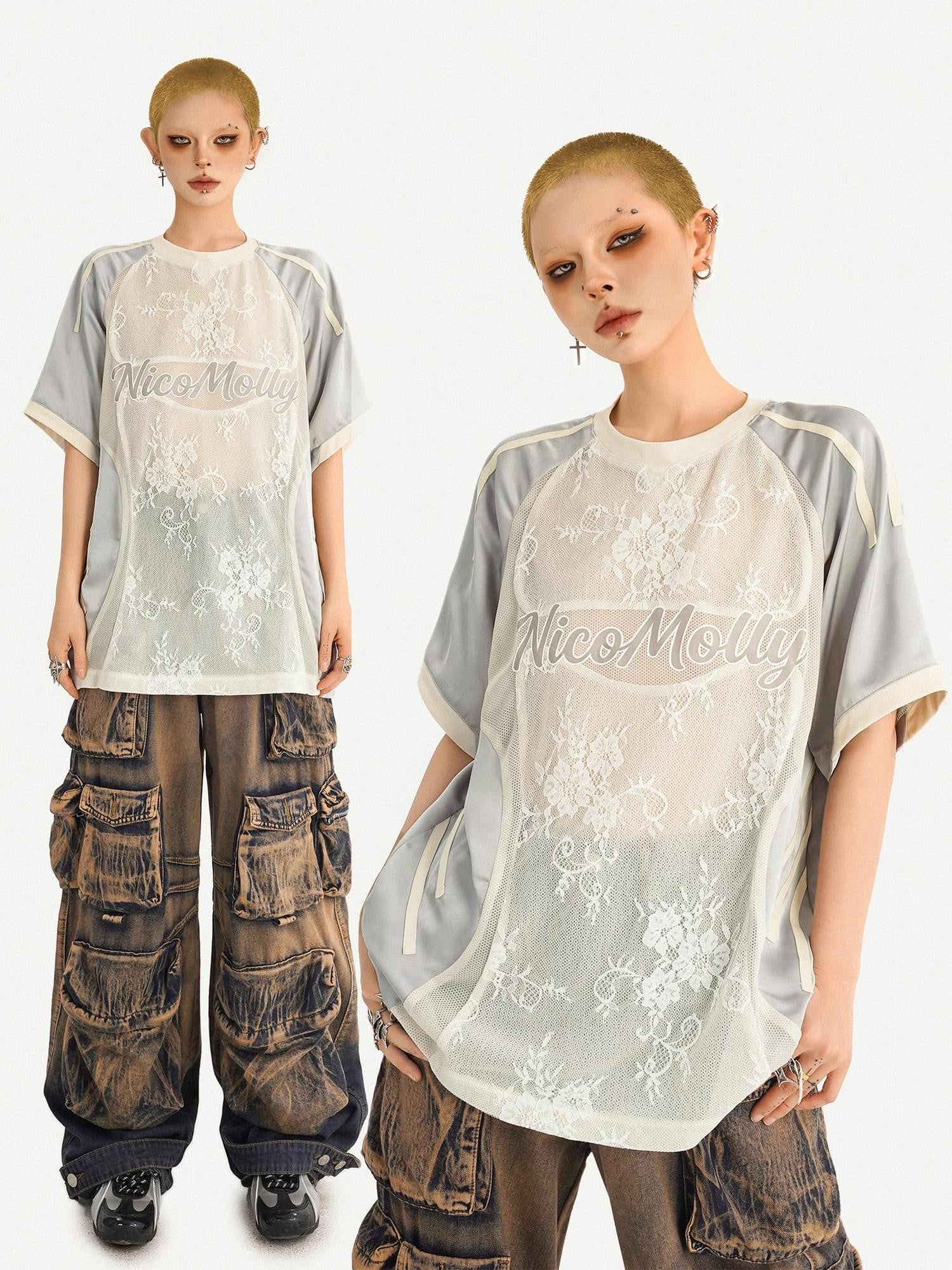 Nico Molly Silver Lace Splice Embroidered Oversized Lettered Women's Short Sleeve T-shirts
