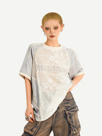 Nico Molly Silver Lace Splice Embroidered Oversized Lettered Women's Short Sleeve T-shirts