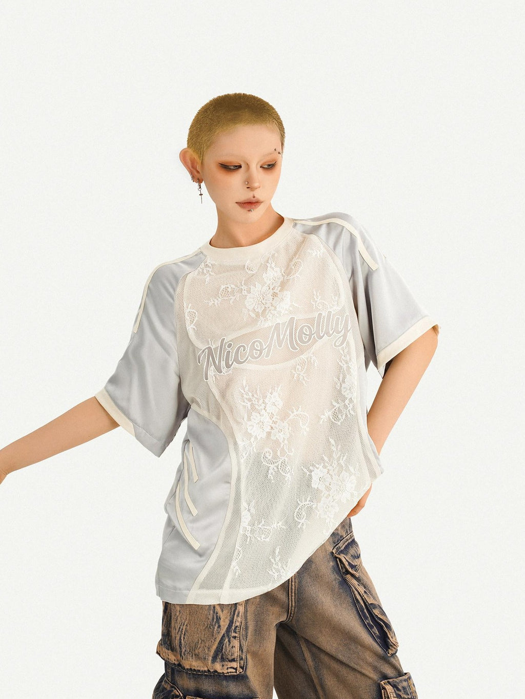 Nico Molly Silver Lace Splice Embroidered Oversized Lettered Women's Short Sleeve T-shirts