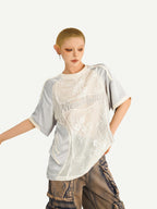Nico Molly Silver Lace Splice Embroidered Oversized Lettered Women's Short Sleeve T-shirts