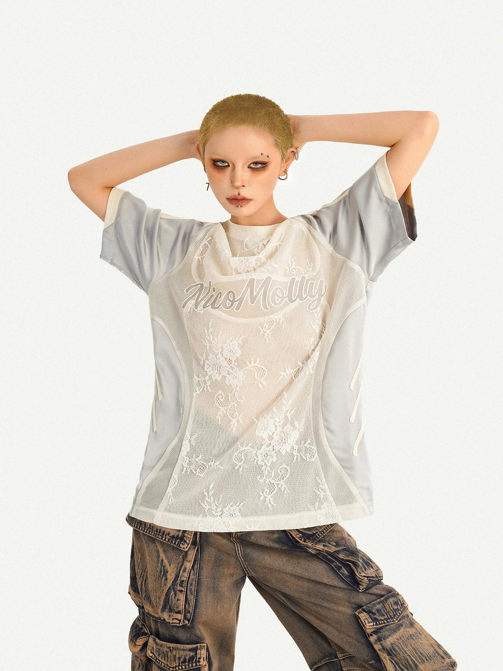 Nico Molly Silver Lace Splice Embroidered Oversized Lettered Women's Short Sleeve T-shirts