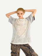 Nico Molly Silver Lace Splice Embroidered Oversized Lettered Women's Short Sleeve T-shirts