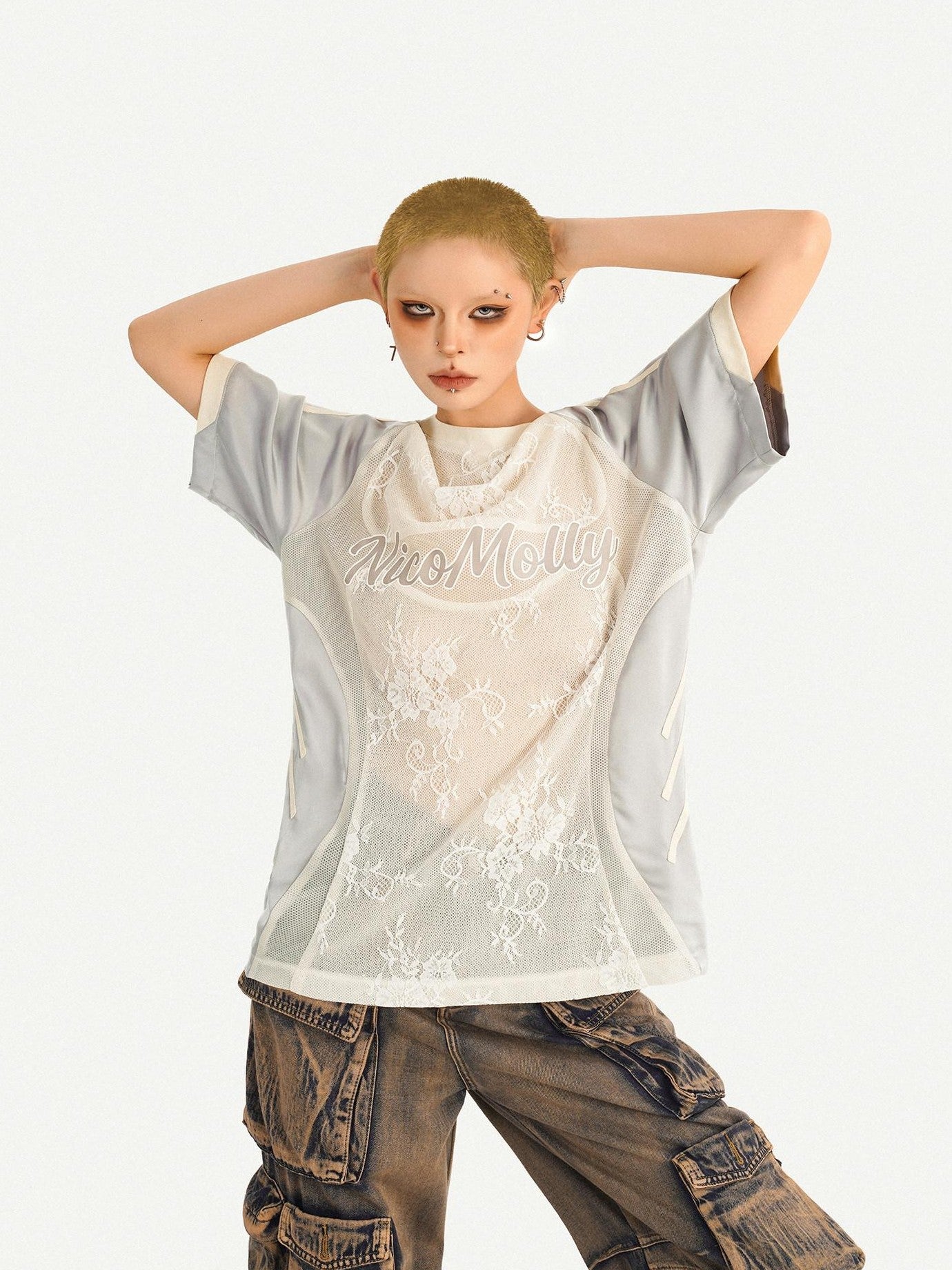 Nico Molly Silver Lace Splice Embroidered Oversized Lettered Women's Short Sleeve T-shirts