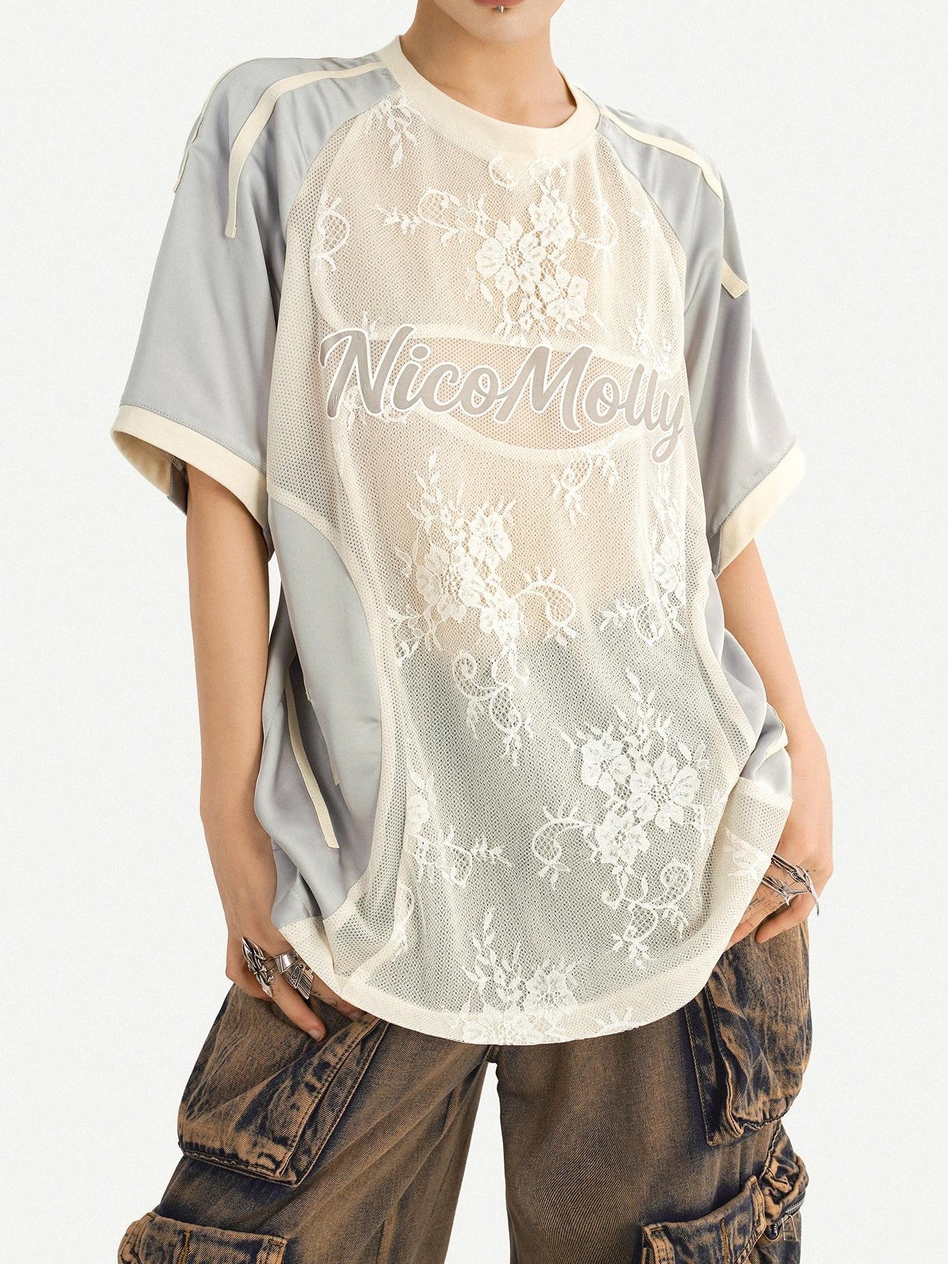 Nico Molly Silver Lace Splice Embroidered Oversized Lettered Women's Short Sleeve T-shirts
