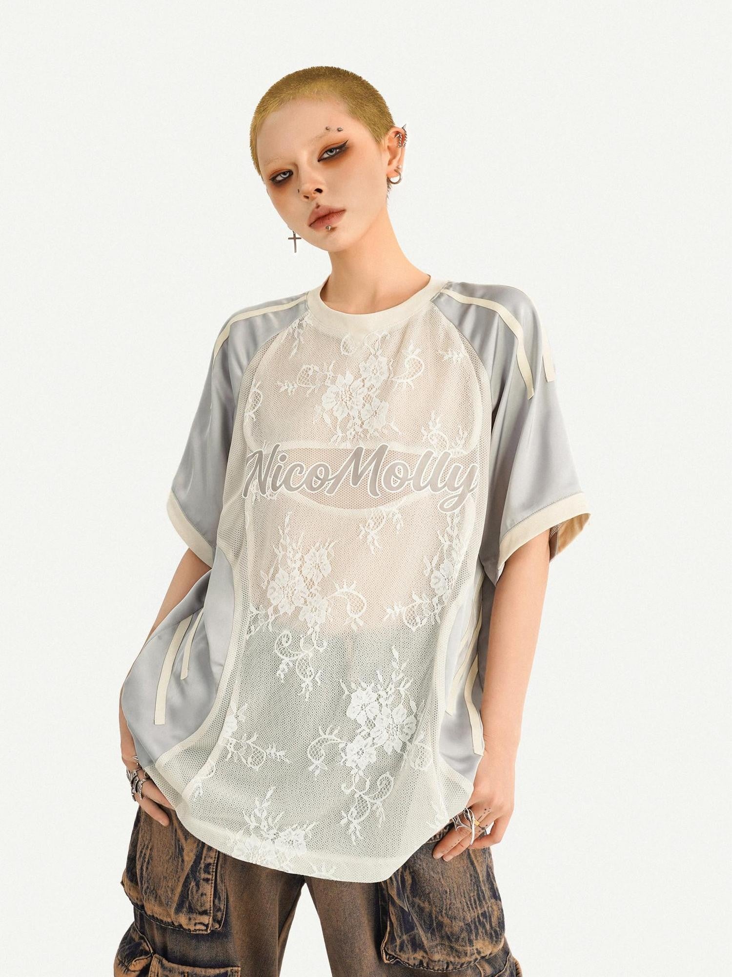 Nico Molly Silver Lace Splice Embroidered Oversized Lettered Women's Short Sleeve T-shirts
