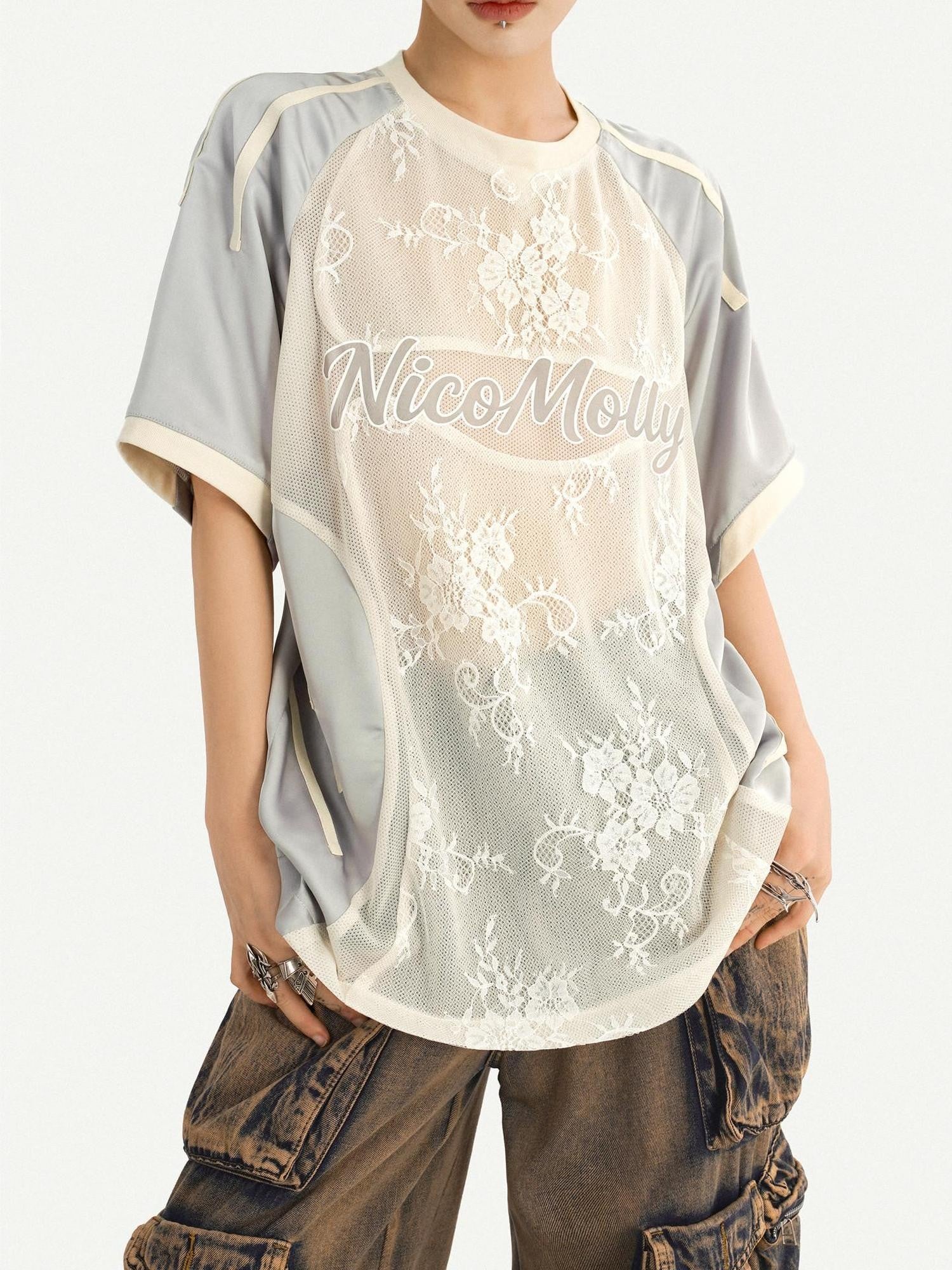 Nico Molly Silver Lace Splice Embroidered Oversized Lettered Women's Short Sleeve T-shirts