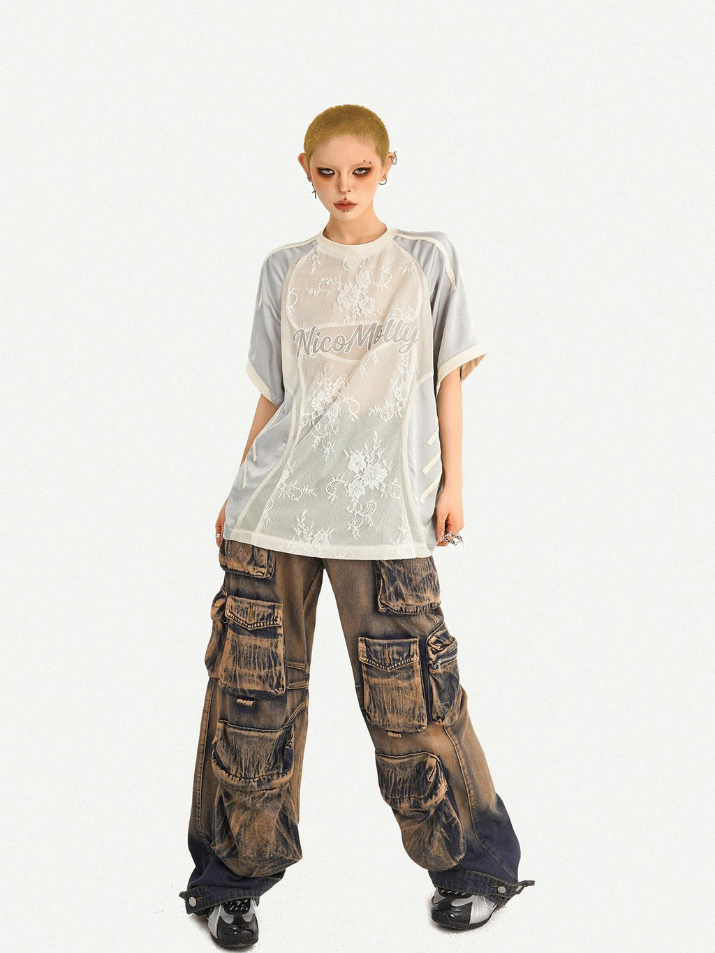 Nico Molly Silver Lace Splice Embroidered Oversized Lettered Women's Short Sleeve T-shirts