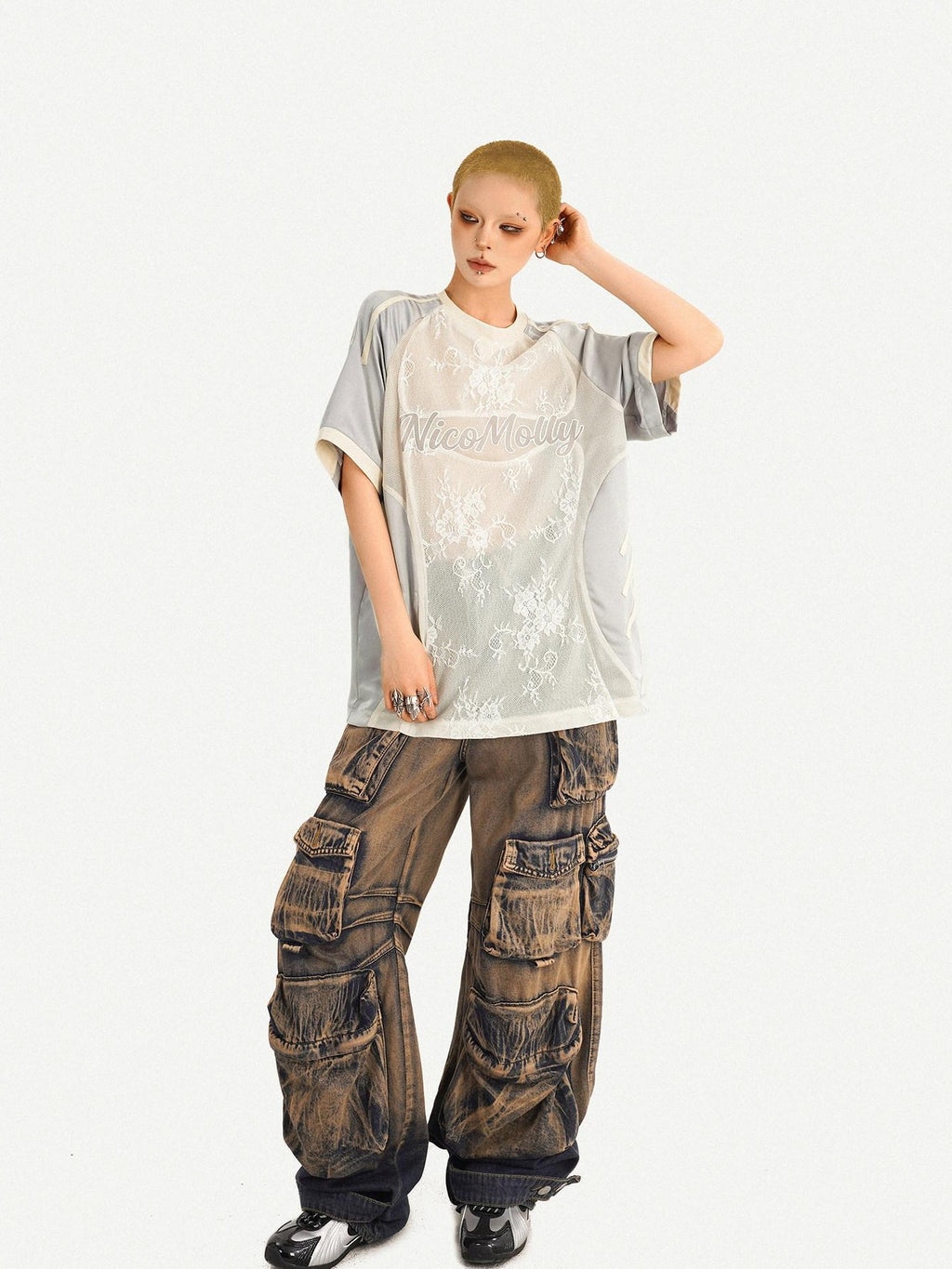Nico Molly Silver Lace Splice Embroidered Oversized Lettered Women's Short Sleeve T-shirts