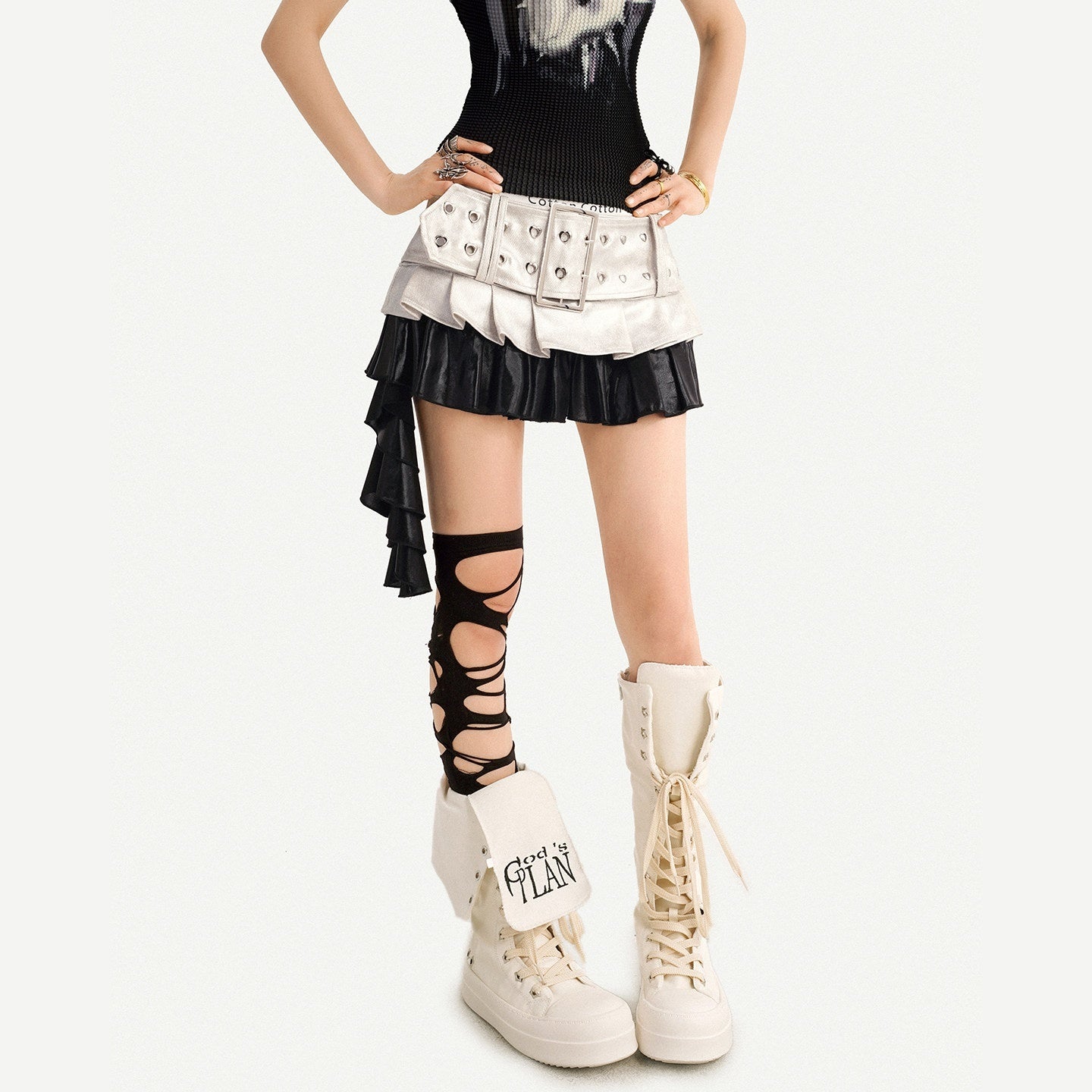 Nico_Molly_Silver_Spliced_Pleated_Wide_Belt_Low_Waist_Women's_Leather_Mini_Skirts_1050710024058_MISSTT