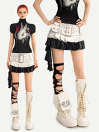 Nico Molly Silver Spliced Pleated Wide Belt Low Waist Women's Leather Mini Skirts