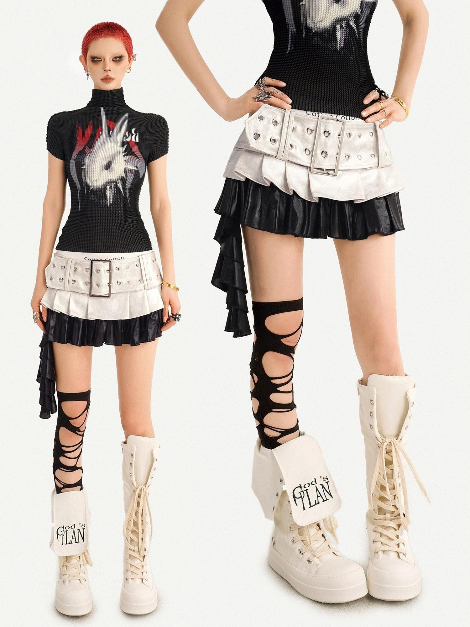 Nico Molly Silver Spliced Pleated Wide Belt Low Waist Women's Leather Mini Skirts