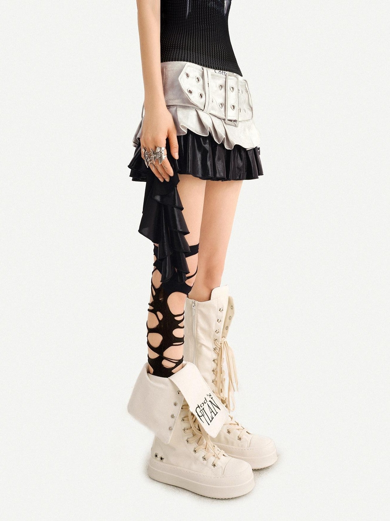 Nico Molly Silver Spliced Pleated Wide Belt Low Waist Women's Leather Mini Skirts