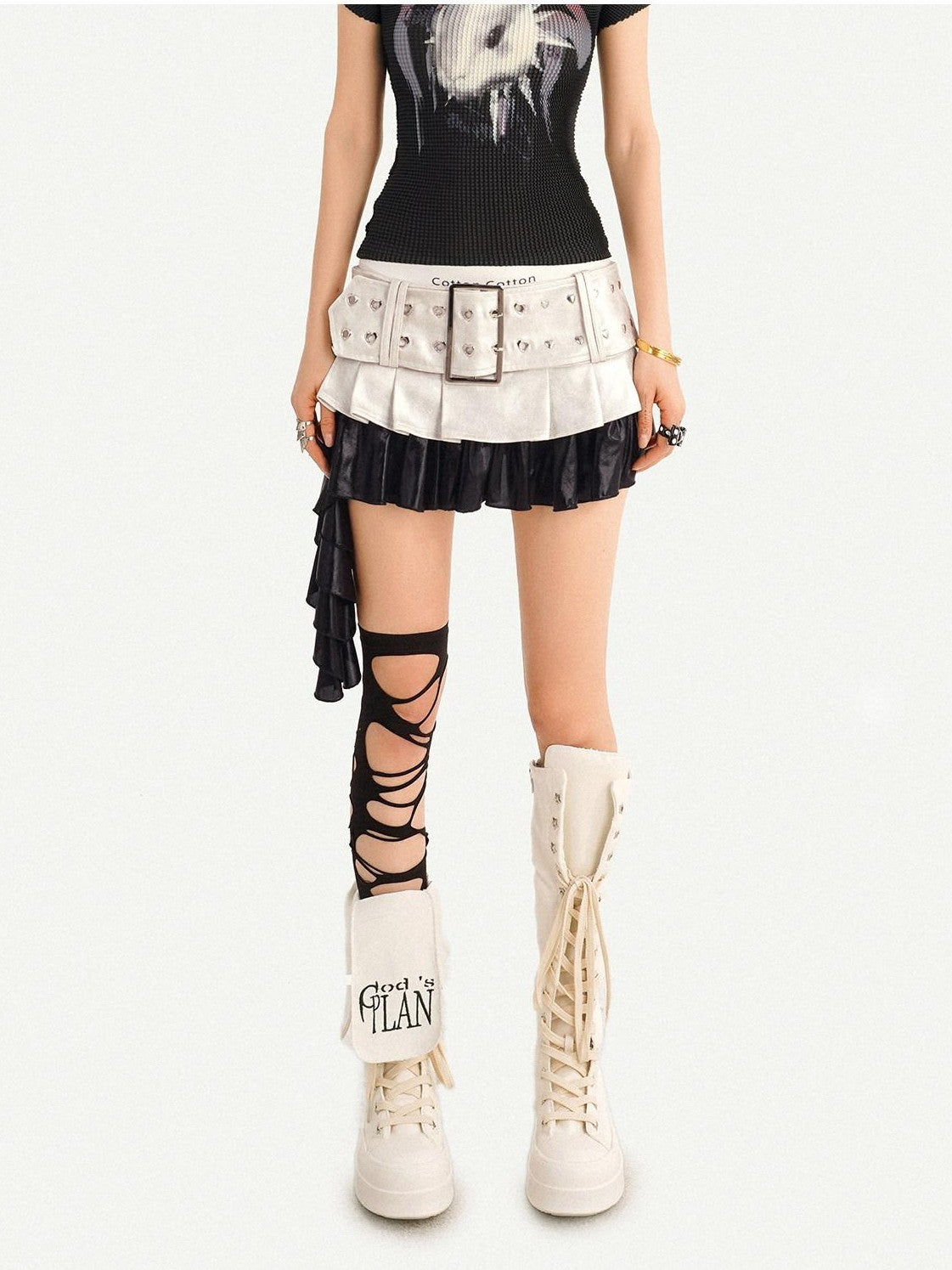 Nico Molly Silver Spliced Pleated Wide Belt Low Waist Women's Leather Mini Skirts