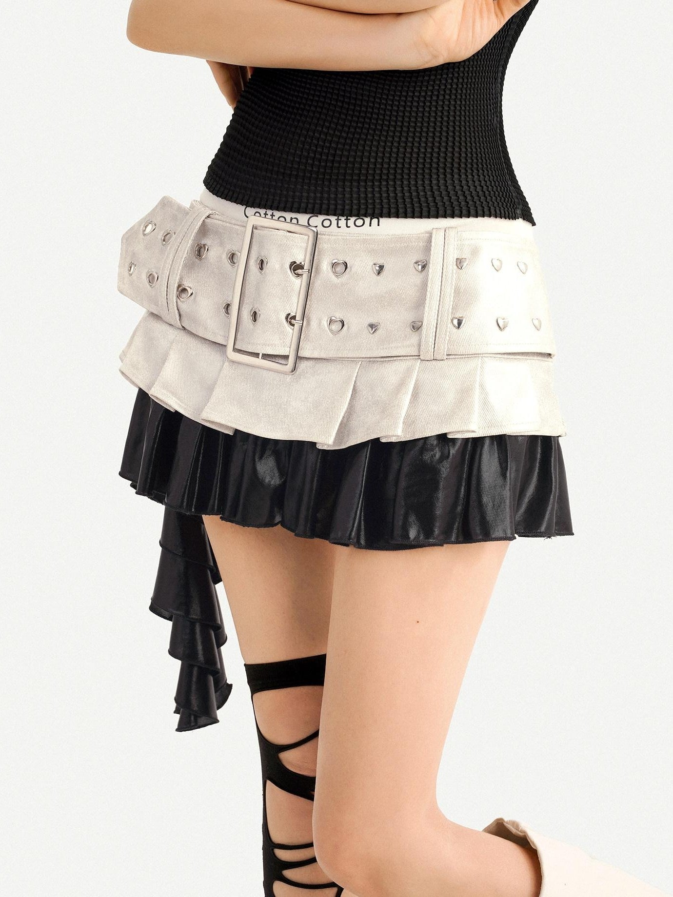 Nico Molly Silver Spliced Pleated Wide Belt Low Waist Women's Leather Mini Skirts