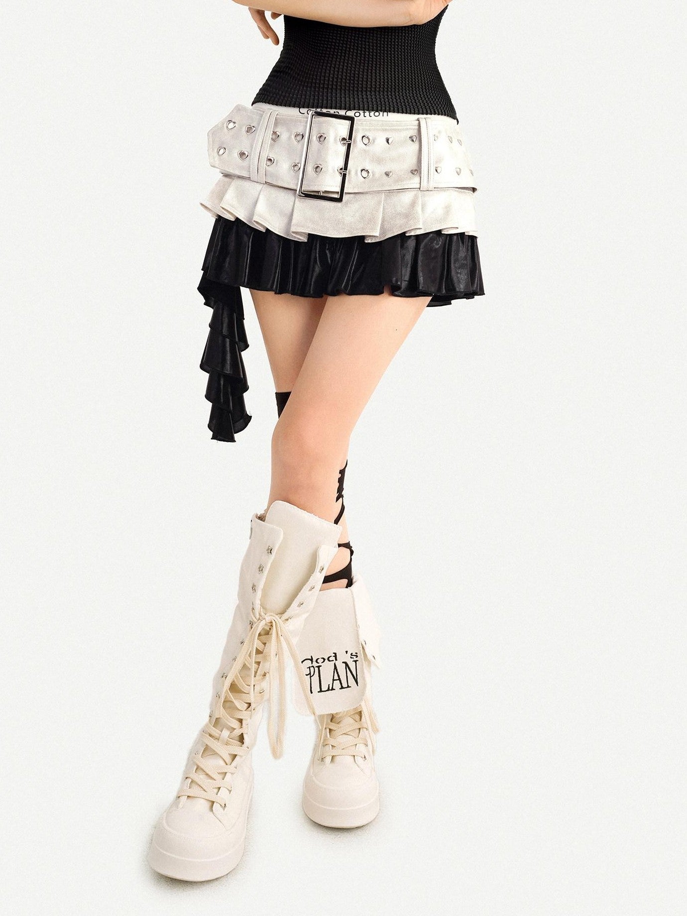 Nico Molly Silver Spliced Pleated Wide Belt Low Waist Women's Leather Mini Skirts