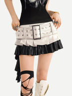 Nico Molly Silver Spliced Pleated Wide Belt Low Waist Women's Leather Mini Skirts