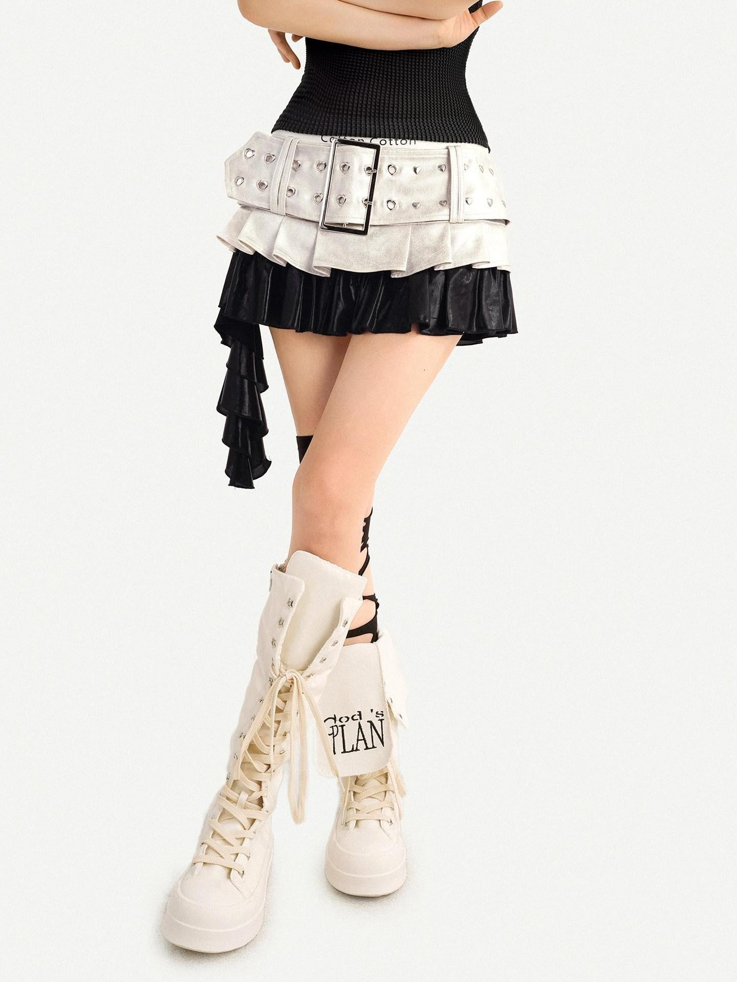Nico Molly Silver Spliced Pleated Wide Belt Low Waist Women's Leather Mini Skirts