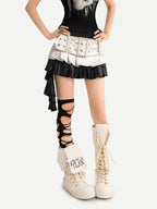 Nico Molly Silver Spliced Pleated Wide Belt Low Waist Women's Leather Mini Skirts