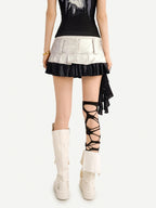 Nico Molly Silver Spliced Pleated Wide Belt Low Waist Women's Leather Mini Skirts