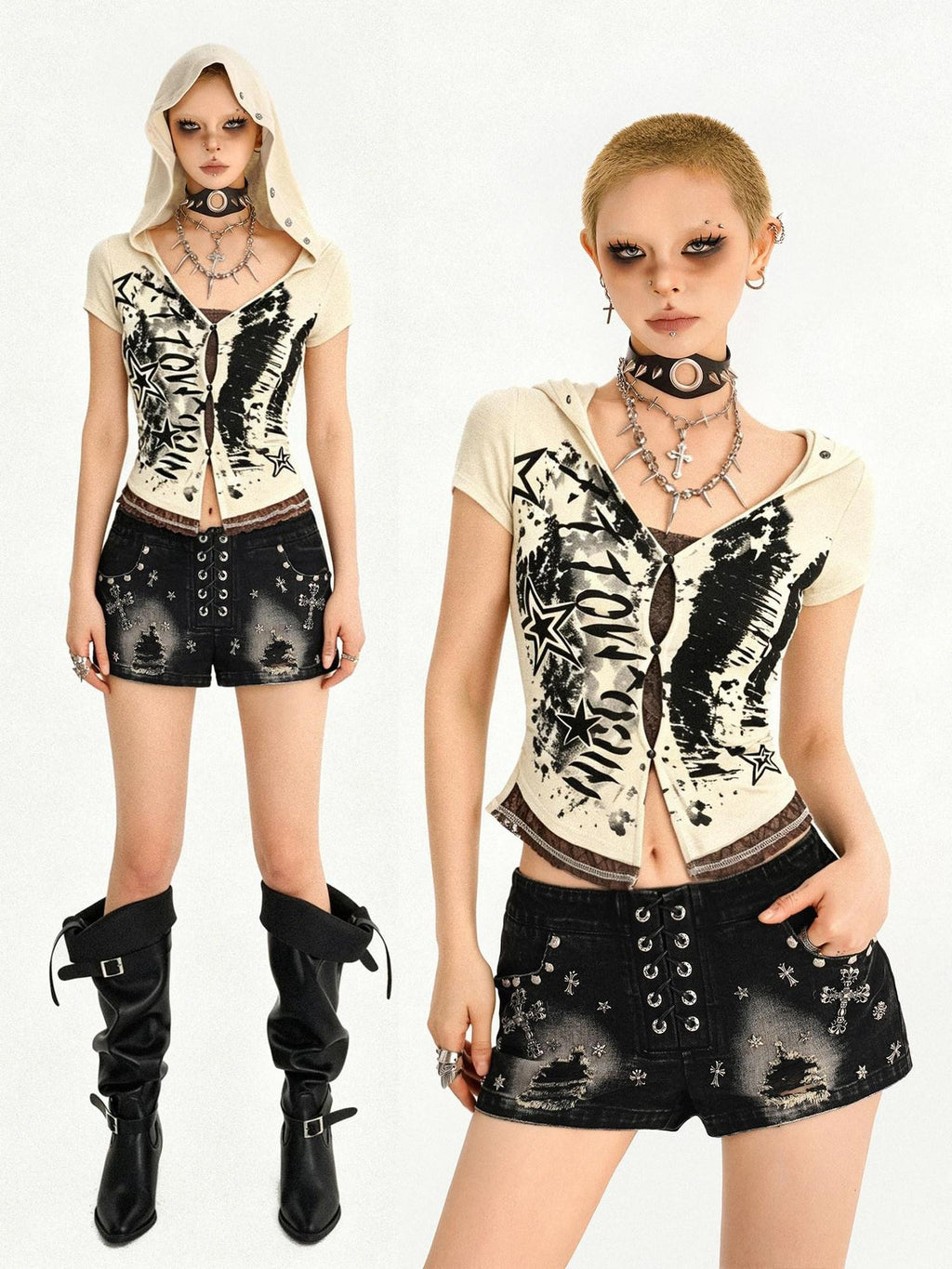 Nico Molly Skull Hooded Faux Two Piece V-neck Cropped Women's Lace Short Sleeve T-shirts