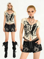 Nico Molly Skull Hooded Faux Two Piece V-neck Cropped Women's Lace Short Sleeve T-shirts