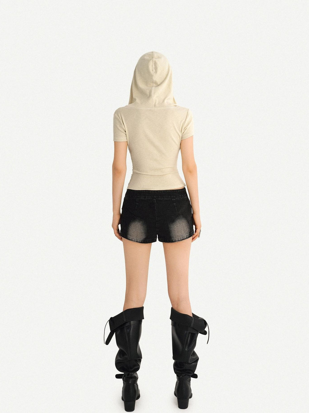 Nico Molly Skull Hooded Faux Two Piece V-neck Cropped Women's Lace Short Sleeve T-shirts