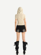 Nico Molly Skull Hooded Faux Two Piece V-neck Cropped Women's Lace Short Sleeve T-shirts